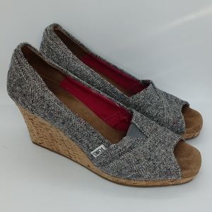 Toms Peep Toe Cork Wedge Sandals in Black/Multi Heel Approx 3in Sz 9